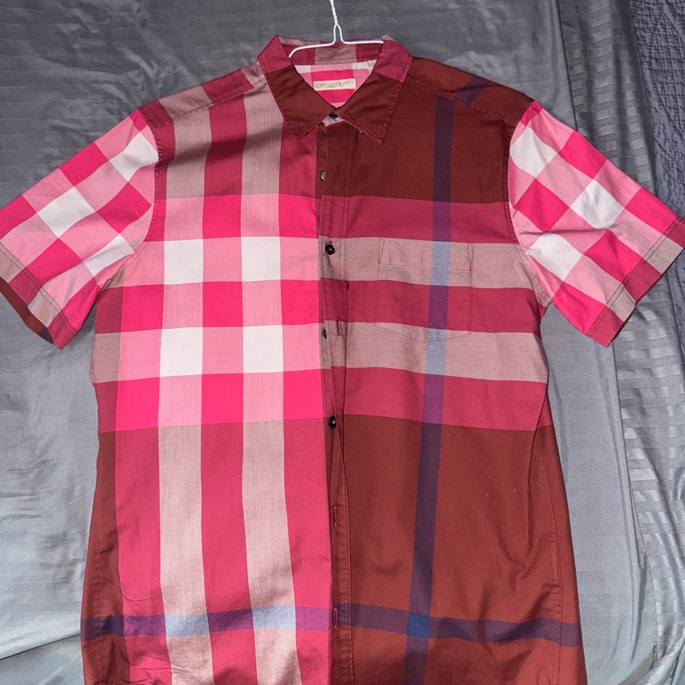 Burberry Men's Checkered Short Sleeve Shirt - Pink and Brown